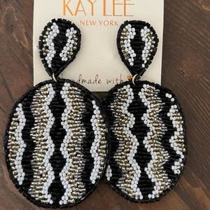 Gorgeous Handmade Kay Lee Black, Gold and White Beaded Earrings